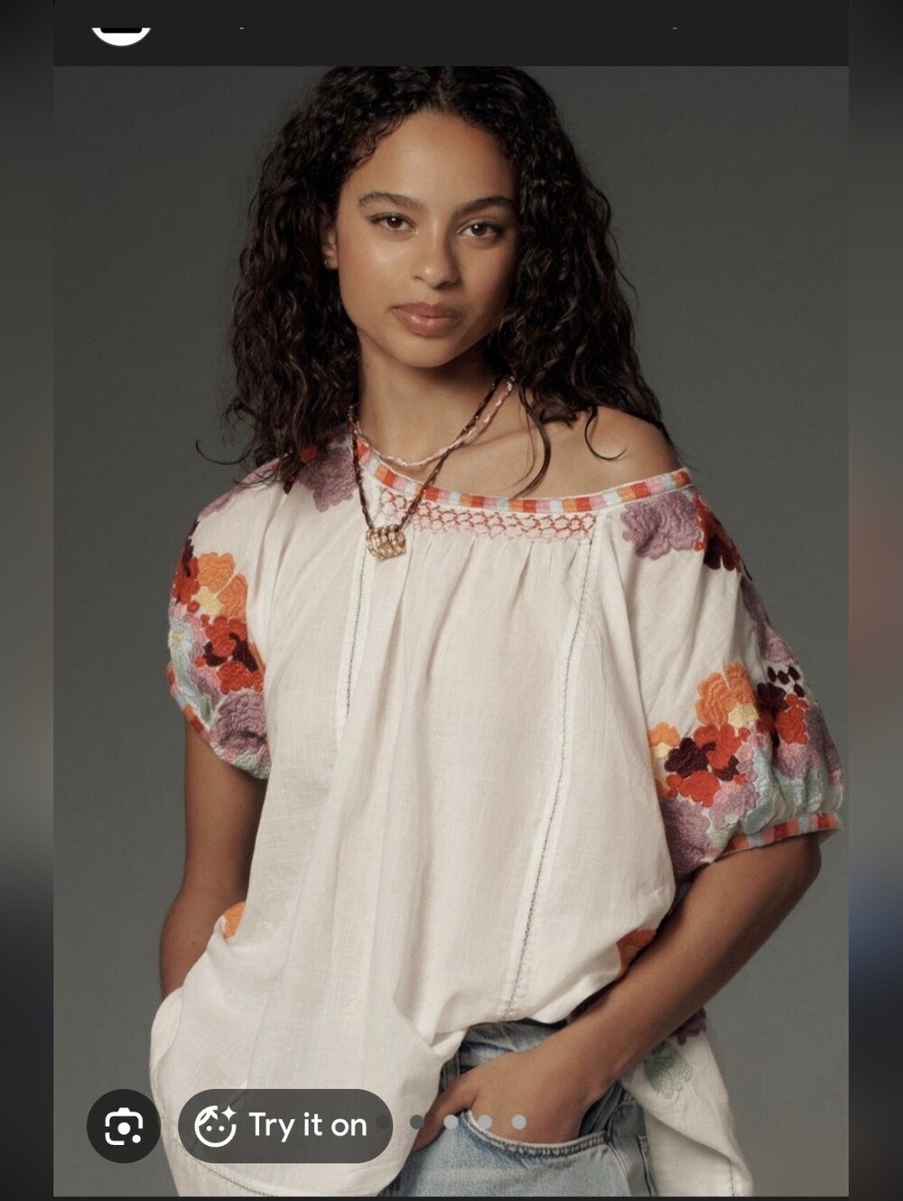By Anthropologie Short-Sleeve Embroidered Tunic Top XS